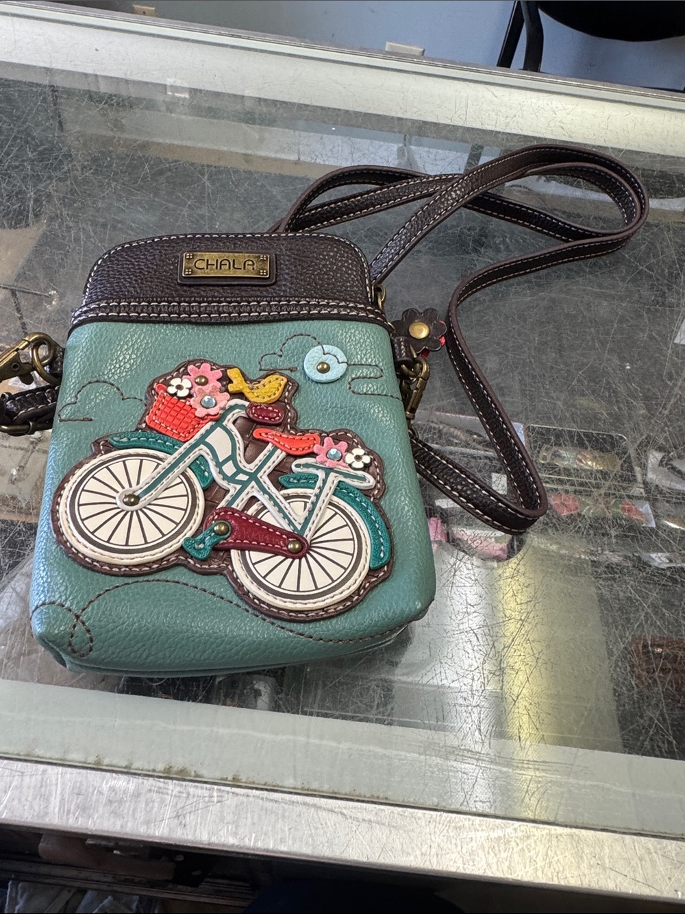 Chala Teal Bicycle Applique Crossbody Bag with Brown Trim